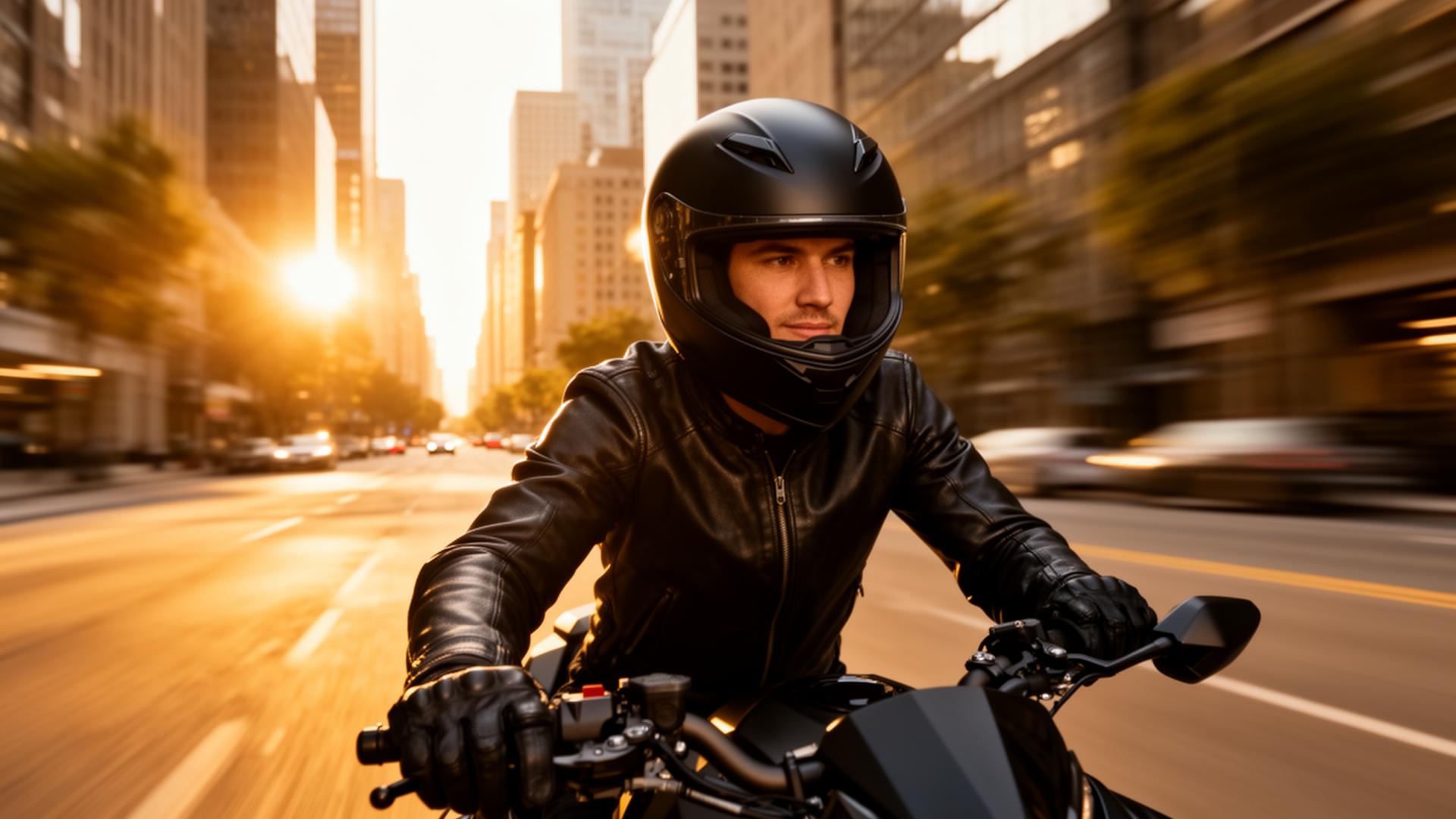 Motociclista com capacete em ambiente urbano